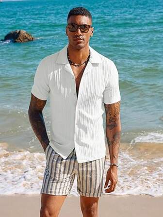 男士立领纹理衬衫短袖纽扣式热带度假海滩夏威夷衬衫