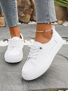 Plus Size Women Athletic Sneakers,White School Casual Student Flat Fashionable Lace-Up Trainers,Non-Slip Breathable Leisure Comfortable Big Size Shoes