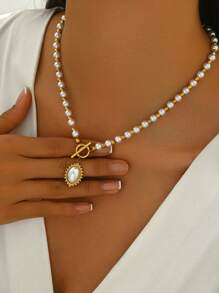 1 件不锈钢心形仿珍珠吊坠项链，配礼品袋，优雅适合女性日常佩戴、派对、约会、情人节礼物、妈妈、母亲、母亲节、礼物 - 白色 - 查看 5