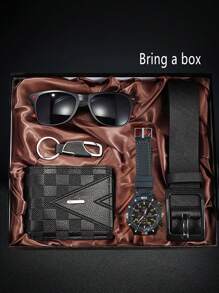 Set de 5 piezas de regalo para hombres que incluye reloj de cuarzo falso casual, billetera, gafas de sol, llavero y cinturón