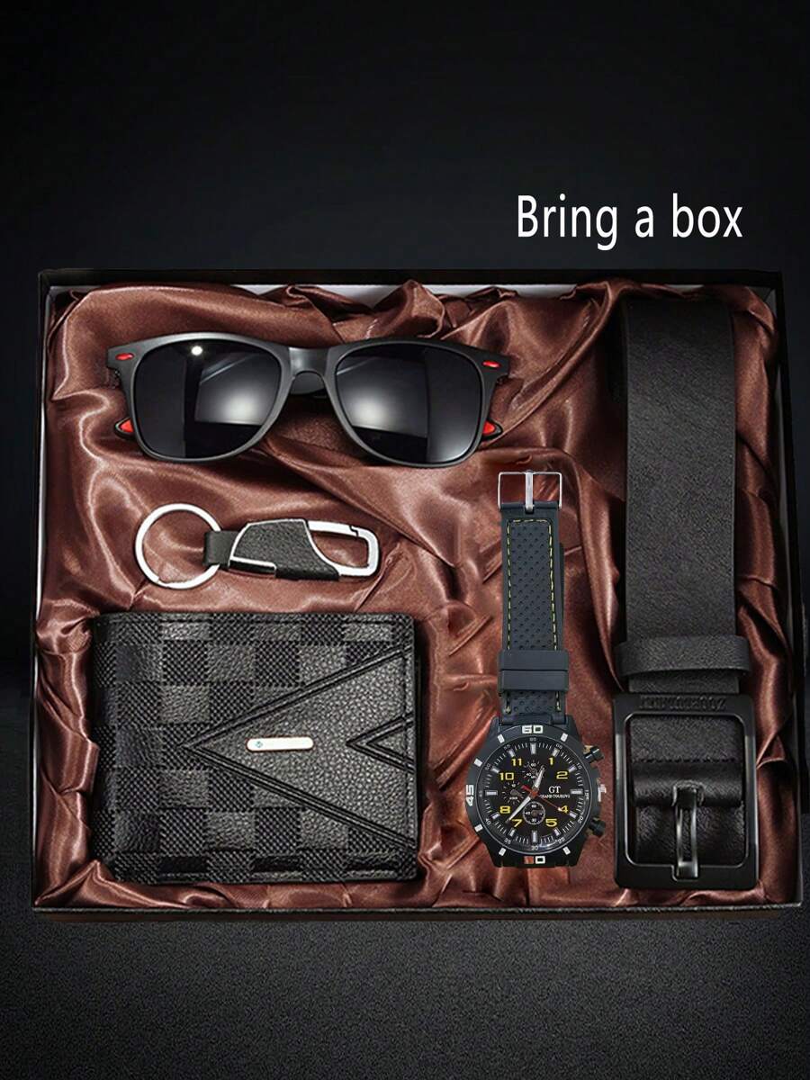 Set de 5 piezas de regalo para hombres que incluye reloj de cuarzo falso casual, billetera, gafas de sol, llavero y cinturón