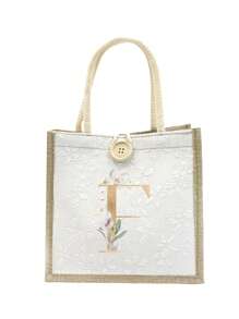 Túi vải lanh, Túi vải lanh họa tiết hoa nhí trang trí nút, Túi xách cỡ lớn tối giản, Túi đựng đồ tiện dụng, Túi mua sắm đa năng, Chữ A-Z lá xanh mạ vàng, Thiết kế mới, Dung tích lớn, Lý tưởng cho mua sắm, Túi đeo vai, Túi xách tay, Túi đựng cơm trưa, Hộp cơm trưa, Phù hợp cho nữ, Phiên bản năm mới - trắng - Xem 12