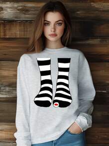 Women Toe Cartoon Funny Retro T-Shirt Fashion Print Long Sleeve Round-Neck Loose Fit Tops Streetwear