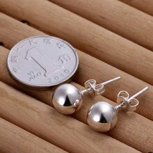 Brincos de prata esterlina 925 8/10 mm redondos, lisos, com contas sólidas, para mulheres, joias para festa de casamento e noivado