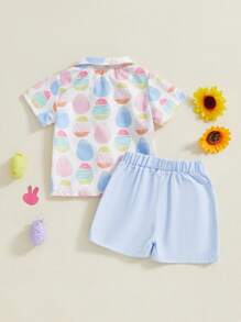 Toddler Boy Easter Shorts Set Egg Print Short Sleeve Button-Up Bow Tie Shirt Elastic Waistband Shorts