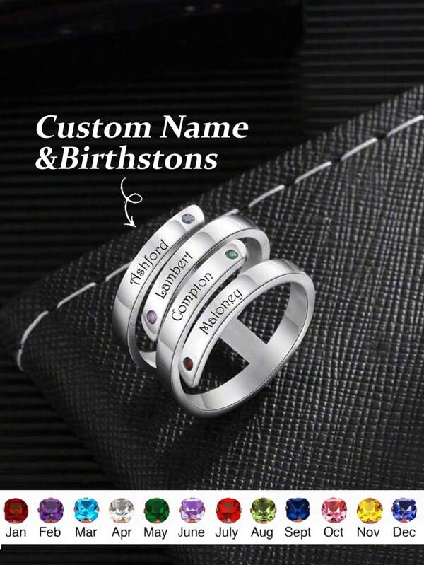 Customized Stainless Steel Round Blank Signet Ring, Choose Your Birthstone Color,Personalized Band Ring With Name, Date Or Special Meaning, Gift For Friends And Family
