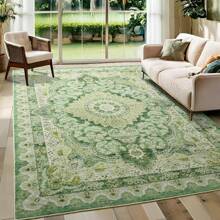 Low Pile Washable Rugs For Living Room, Faux Wool Vintage Rug For Bedroom Dining Room Home Decoration - màu xanh lá - Xem 1