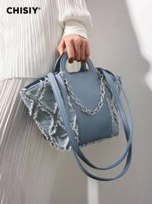 CHISIY [原创手工制作] 钻石格子流苏贝壳 Walkaway 系列蓝色人造皮革和织物链可调节肩带手提包带磁扣开合，简约优雅，容量大，适合情人节礼物、通勤、度假、所有季节 - 藍色 - 查看 2