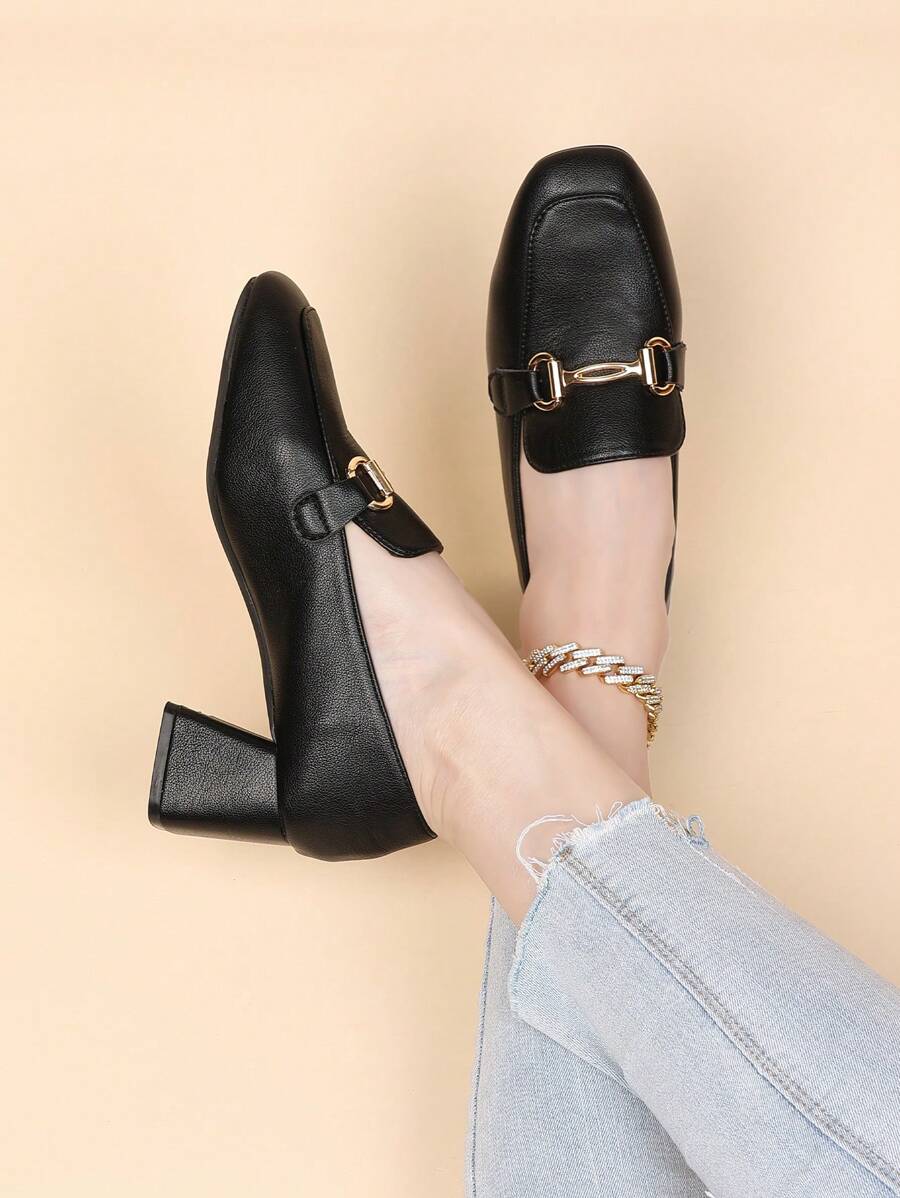 HanDuEke 女士复古粗跟乐福鞋，黑色高跟软皮牛津鞋，百搭 2025 年春秋新品 - 黑色 - 查看 1