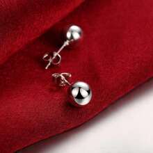 Brincos de prata esterlina 925 8/10 mm redondos, lisos, com contas sólidas, para mulheres, joias para festa de casamento e noivado