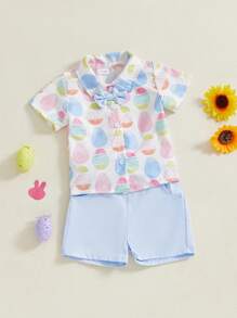 Toddler Boy Easter Shorts Set Egg Print Short Sleeve Button-Up Bow Tie Shirt Elastic Waistband Shorts