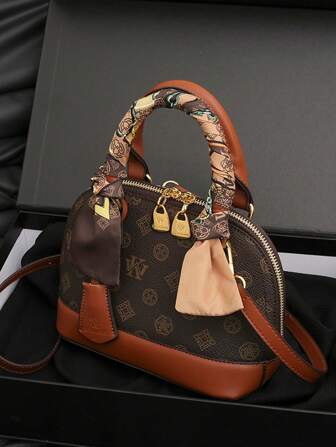 1pc Women's Fashion Retro Floral Print Scarf Decor High-End Crossbody Bag, Elegant Tote Shell Bag, Formal Clutch Handbag, Shoulder Bag With High-End Vibe
