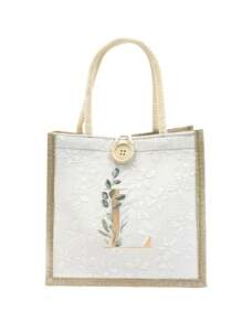 Túi vải lanh, Túi vải lanh họa tiết hoa nhí trang trí nút, Túi xách cỡ lớn tối giản, Túi đựng đồ tiện dụng, Túi mua sắm đa năng, Chữ A-Z lá xanh mạ vàng, Thiết kế mới, Dung tích lớn, Lý tưởng cho mua sắm, Túi đeo vai, Túi xách tay, Túi đựng cơm trưa, Hộp cơm trưa, Phù hợp cho nữ, Phiên bản năm mới - trắng - Xem 29