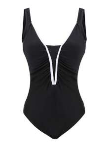 Women One Piece Swimsuit Sleeveless Deep V Neck Ruched Open Back High Cut Plus Size Swimwear