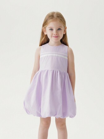 MARC&JANIE 年輕女孩休閒吸濕花苞和蝴蝶結裝飾圓領無袖連衣裙，夏季款