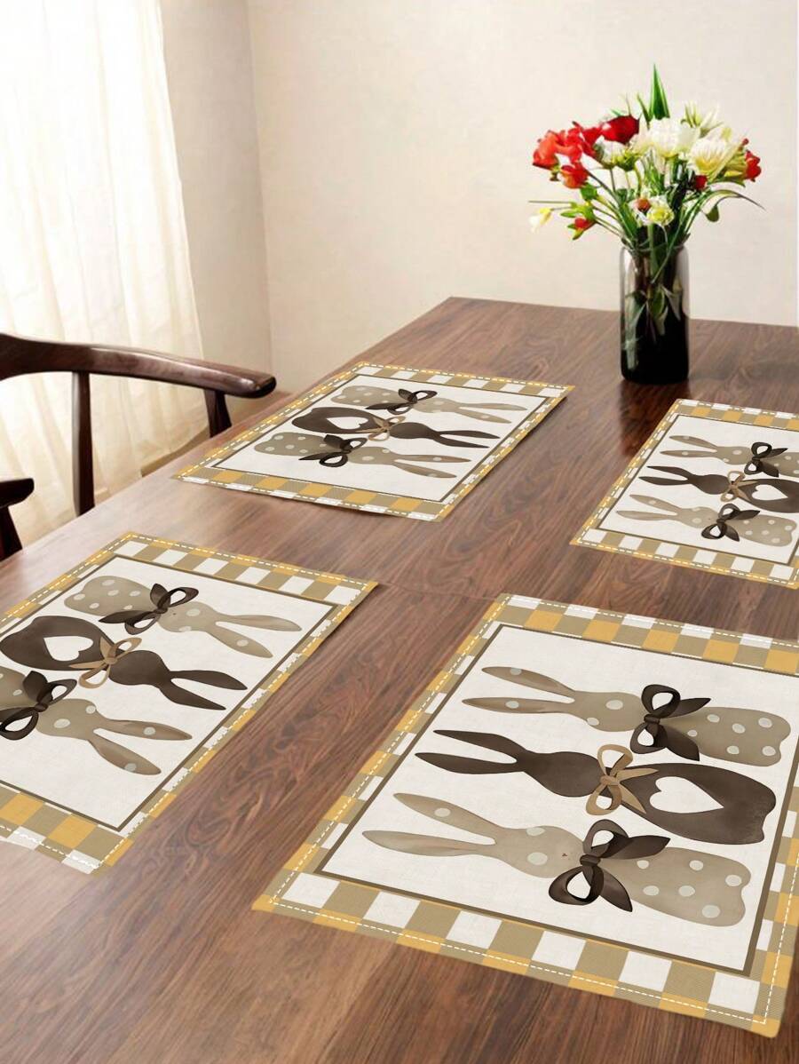 4 pezzi Sottopiatti pasquali di coniglietti a quadri, sottopiatti a quadri buffalo, lavabili in lavatrice, decorativi per tavoli rotondi, ideali per feste del tè - Castano - Visualizzare 1