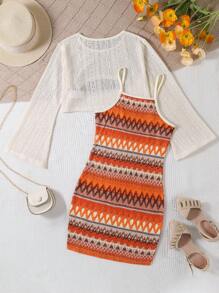 2pcs Tween Girls Casual Outdoor Outfit - Fashionable Lightweight Sun Protection Top & Colorblock Striped Print Dress, Great For Spring/Summer - Multicolor - View 2