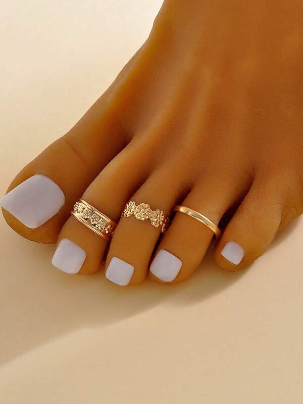 3pcs/Set Fashionable Golden Floral Decor Women Toe Rings, Suitable For Beach, Party, Date, Daily Wear