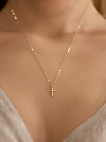 1pc S925 Silver Plated Gold Mini Inlaid Zirconia Cross Necklace, Delicate Collarbone Chain, Suitable Gift For Girlfriend