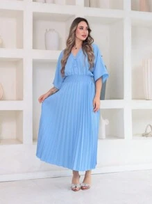 Vitoria Women's Midi Dress With Button Short Sleeve Pleated