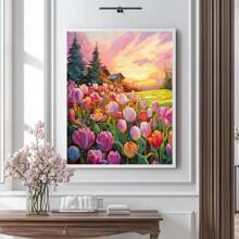 1 pieza Póster de arte mural botánico, Pintura al óleo del campo de tulipanes rosados, Impresión de lienzo del paisaje del atardecer y el ocaso colorido, Pintura de acuarela y óleo floral y de plantas, Decoración mural sin marco, Decoración de habitación, Impresiones de arte mural en lienzo, Decoración de primavera y dormitorio