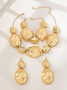 Glamorous Asymmetrical Geometric Hammered Texture Ellipse Linked Metal Necklace, Metal Earrings, Metal Bracelet Suitable For Women, Suitable For Parties, Weddings, Gatherings, And Daily Wear