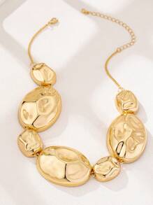 Glamorous Asymmetrical Geometric Hammered Texture Ellipse Linked Metal Necklace, Metal Earrings, Metal Bracelet Suitable For Women, Suitable For Parties, Weddings, Gatherings, And Daily Wear