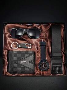 5pcs/Set Fashionable Casual Men's Quartz Watch, Wallet, Keychain, Sunglasses, Belt Gift Box Set