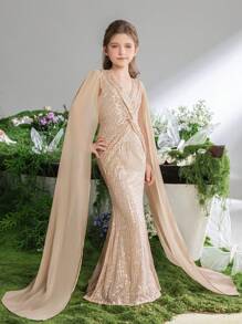 Tween-Mädchen Langes Chiffon-Maxi-Partykleid mit Laternenärmeln, V-Ausschnitt, Twist-Dekor, Fischschwanz und Paillettensaum