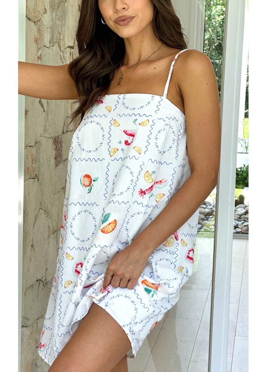 Women Slip Dress, Spaghetti Straps Backless Graphic Print A-Line Dress Summer Mini Dress - 白色1 - 查看 1