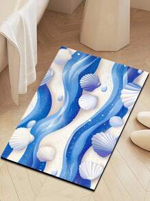 1 件蓝色贝壳地垫，复古风格波浪和沙色贝壳图案，明亮漂亮，适用于浴室、室内外入口、家居装饰，可机洗，防滑、耐污家居浴室装饰浴室地毯