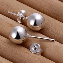 Brincos de prata esterlina 925 8/10 mm redondos, lisos, com contas sólidas, para mulheres, joias para festa de casamento e noivado