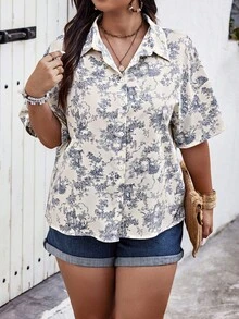 Große Größen Hemd mit Pflanzenprint, asymmetrischer Blumenausschnitt