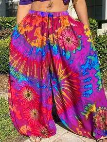 Plus Women's Loose Tie Dye Drawstring Wide Leg Pants - Hot Pink - View 4