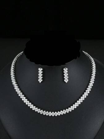 1 Set Of 3pcs French Romantic Zirconia Necklace, Earrings, Bracelet Jewelry Set, Bridal Dress, Wedding, Engagement Party, Formal Occasion, Round Decorative Accessories, Women's Holiday Gift