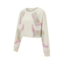 Women's Loose Sequins Boots Sweatshirt Valentine's Day Long Sleeve Round Neck Casual Cropped Pullover