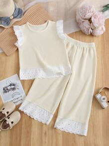 Humor Bear 2 件套女孩时尚针织盖袖上衣，带荷叶边和长裤套装，夏季 - 杏色 - 查看 1