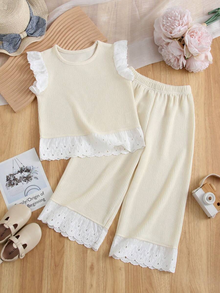 Humor Bear 2 件套女孩时尚针织盖袖上衣，带荷叶边和长裤套装，夏季 - 杏色 - 查看 1