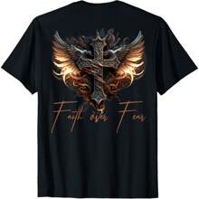 Biker Angel Wings Christian Cross Faith Over Fear - On Back T-Shirt