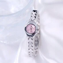 jw 1 Pieza Reloj de mujer Premium de color rosa, dulce y delicado, con caja de aleación redonda, esfera de moda con escala de cristales, reloj de cuarzo elegante, fácil de llevar, adecuado para decoración diaria, regalo de vuelta al colegio para estudiantes