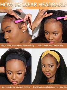 直发头箍假发，柔软自然，如真人发丝般，无胶头箍假发，女士长款黑色意大利雅基真人发假发，200% 密度 - Natural Black - 查看 5