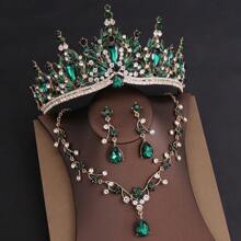 巴洛克皇冠头饰婚礼首饰套装，欧式奢华水晶皇冠项链耳环 3 件套装，生日皇冠新娘礼服配饰