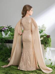 Tween-Mädchen Langes Chiffon-Maxi-Partykleid mit Laternenärmeln, V-Ausschnitt, Twist-Dekor, Fischschwanz und Paillettensaum