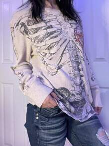 Womens Y2K Fairy Grunge Shirt Top Goth Skeleton Print Long Sleeve Round Neck Loose Fit T Shirts Vintage Skull Graphic Gothic Tee Shirts Tops Aesthetic Gothic Harajuku Tops Teen Girls Emo 90s Tops Streetwear Halloween Clothes Outfits - Màu Khaki - Xem 3