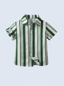 BOARNSEORL 2pcs Young Boys' Striped Short Sleeve Shirt And Shorts Set, Suitable For Birthday, Party, Vacation - Green - View 4