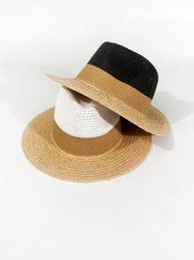 1pc Women's Summer Straw Panama Hat, Wide Brim Sun Protection Vacation Beach Cap, Suitable For Evening Party, Outdoor Sun Shading - Solid Color - View 3