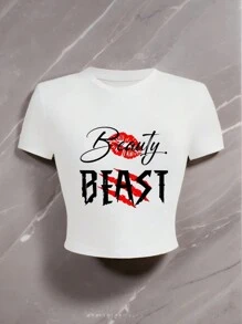 Camiseta corta de manga corta con estampado de labios y eslogan, cuello redondo, ajustada, para mujer, estilo casual, para primavera y verano