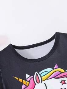 Spring And Summer Young Girls Pajamas Cute Unicorn Fluorescent Print Short-Sleeved Trousers Two Pieces Set - Multicolor - View 4