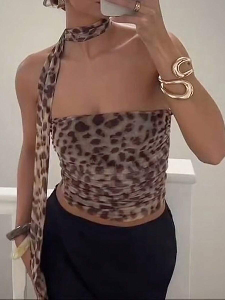 Crop Tube Tops For Womens Summer Leopard Print Ruched Bandeau Vest Backless Shirts And Scarf Set - marrón - Ver 1