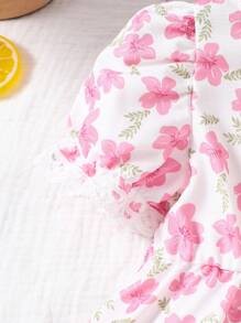 2pcs/Set Baby Girls Cute Ditsy Floral Belted Short Sleeve Round Neck Dress + Ditsy Floral Ruffle Trim Pants Casual Fashion Outfit - Pink - View 4